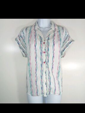 Vtg Cabrais Womens Large Oversized Sleeve Striped Shirt Rainbow Vacation